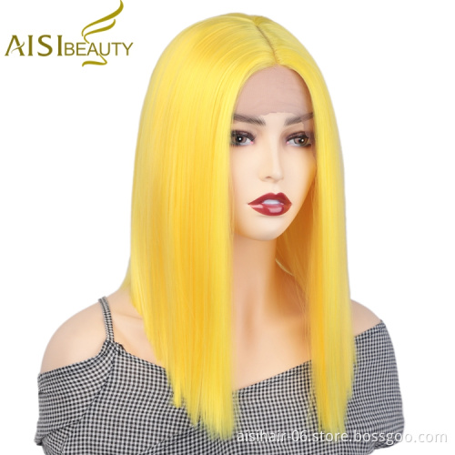 Aisi Beauty Hot Selling Supplier Shoulder Length Silky Straight Middle Part Yellow Synthetic Hair For Black Women Lace Front Wig